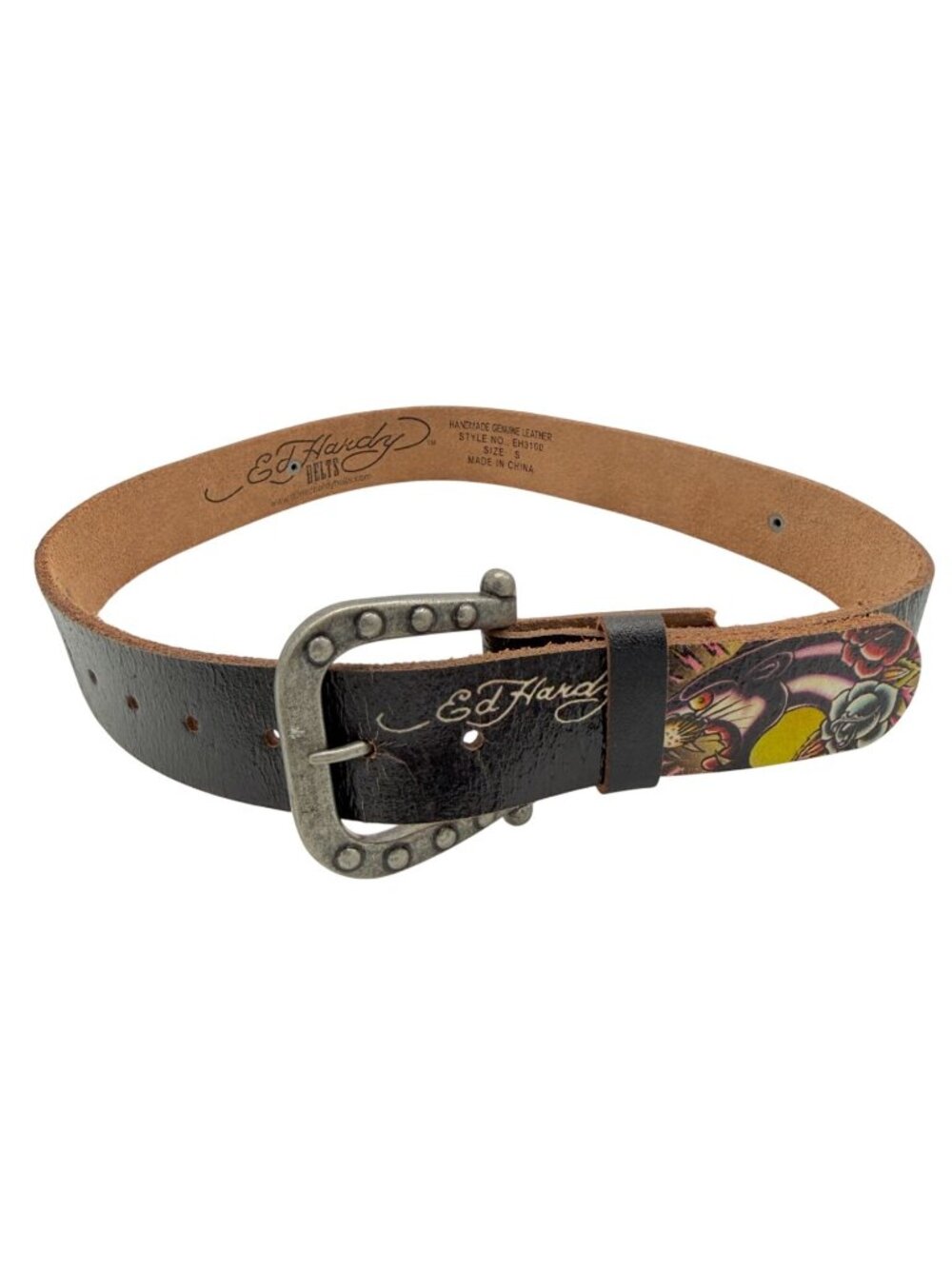 Ed Hardy 90s Y2K Vintage Leather Belt Panther Spell Out Floral Unisex Size S